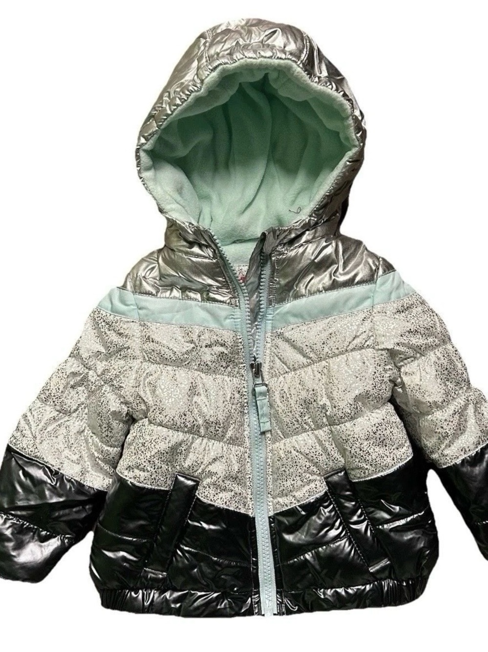 Toddler Girl London Fog Winter Puffer Jacket Silver Black Blue Size 12-18 Months